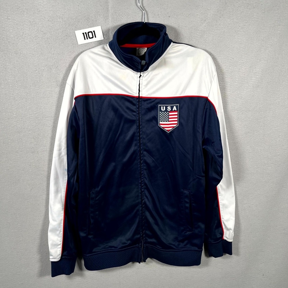 Rhinox‎ Track Jacket Mens Medium Navy Blue Full Zip USA Flag Patriotic Warm Up